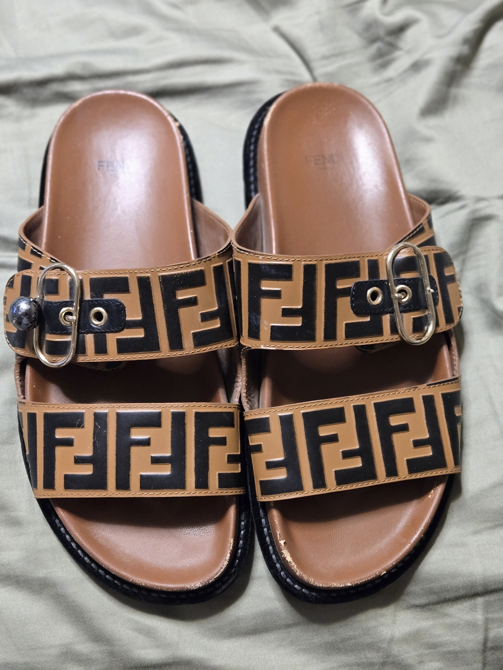 Fendi Tan and Black FF Logo Buckle Slide Sandals